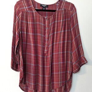 Nine West Jeans Plaid Henley Roll Tab Sleeve Blouse. Size XL